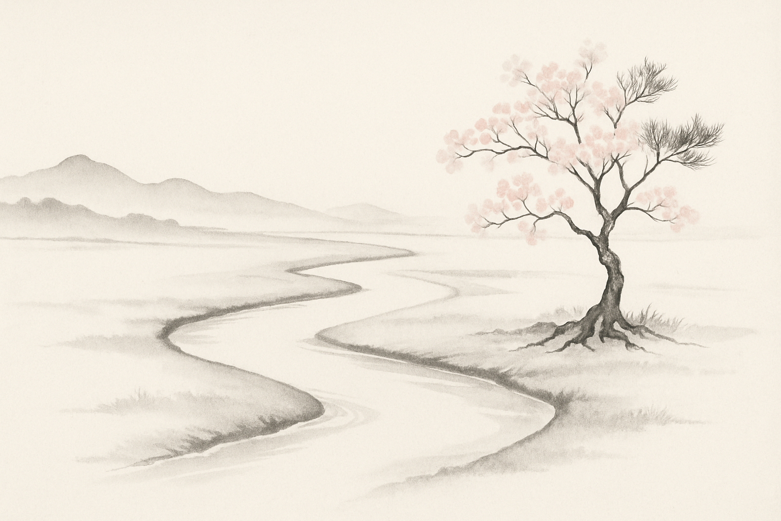 Japanische Tuschezeichnung eines Flusses mit Baum – Symbol für Gedankenfluss und innere Reise