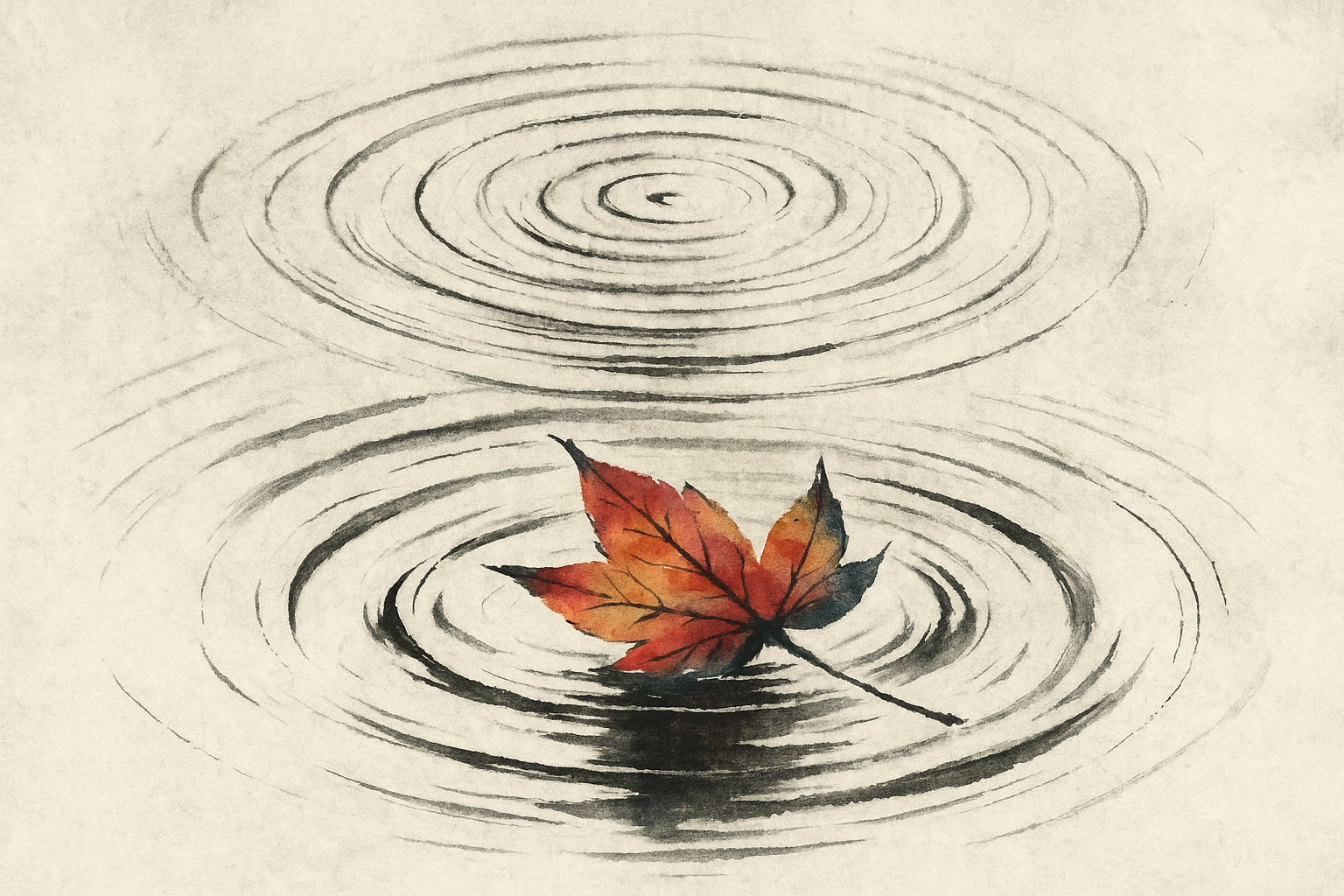 Herbstliches Blatt auf Wasser mit Schallwellen in Tuschemalerei-Stil