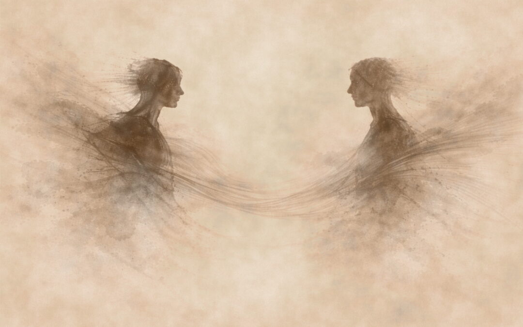 Minimalistische japanische Tuschmalerei zeigt zwei menschliche Silhouetten mit leuchtendem Zwischenraum, der Verbindung und Dialog symbolisiert