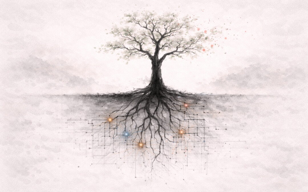 Minimalistische japanische Tuschezeichnung eines Baumes, dessen Wurzeln sich mit digitalen Netzwerkstrukturen verflechten, während die Äste in schwebende Datenpunkte übergehen