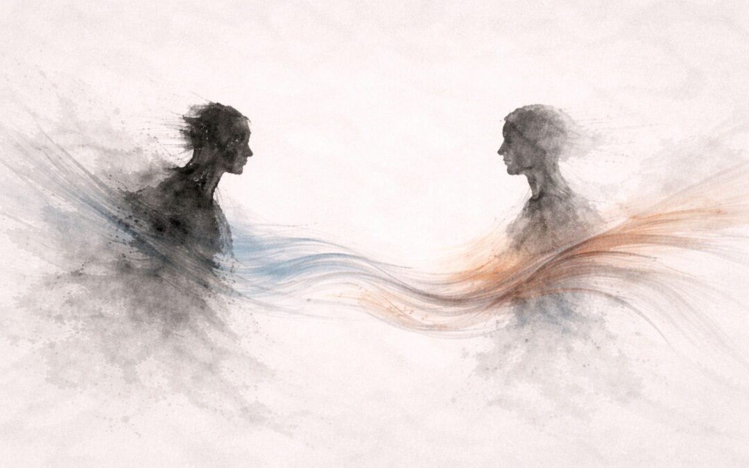 Minimalistische japanische Tuschezeichnung zweier Gesprächspartner mit fließenden Farbwellen zwischen ihnen