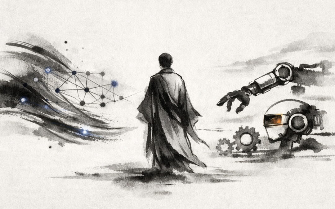 Minimalistische japanische Tuschemalerei zeigt die Beziehung zwischen Mensch, KI und Robotern mit zentraler menschlicher Figur