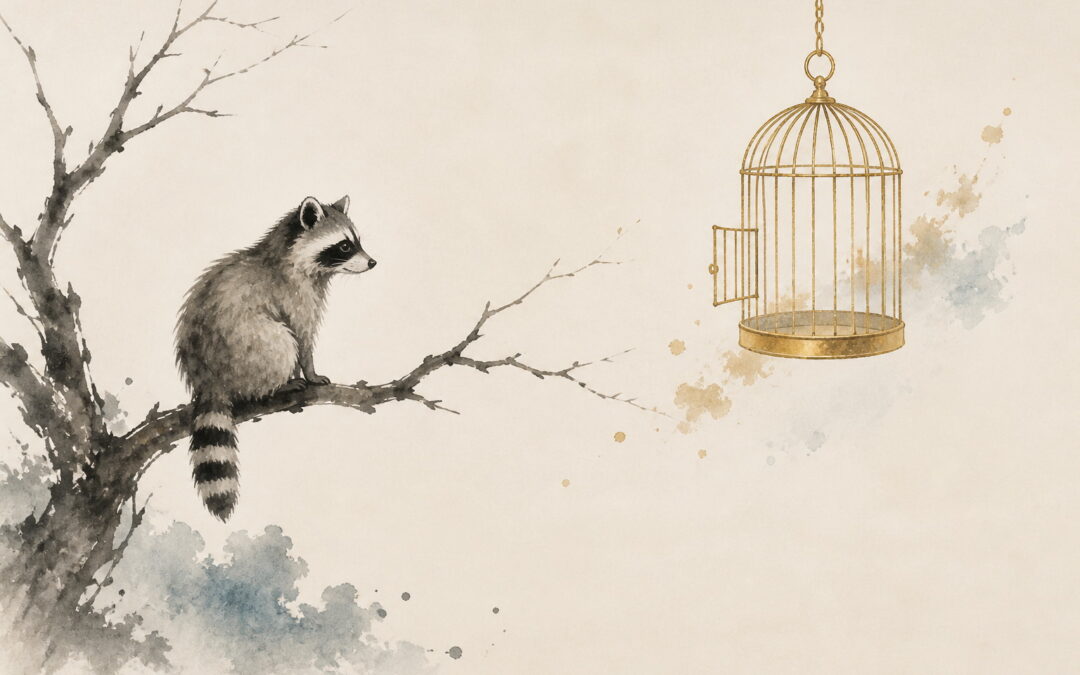 Minimalistische japanische Tuschemalerei: Waschbär auf Ast beobachtet geöffneten goldenen Käfig